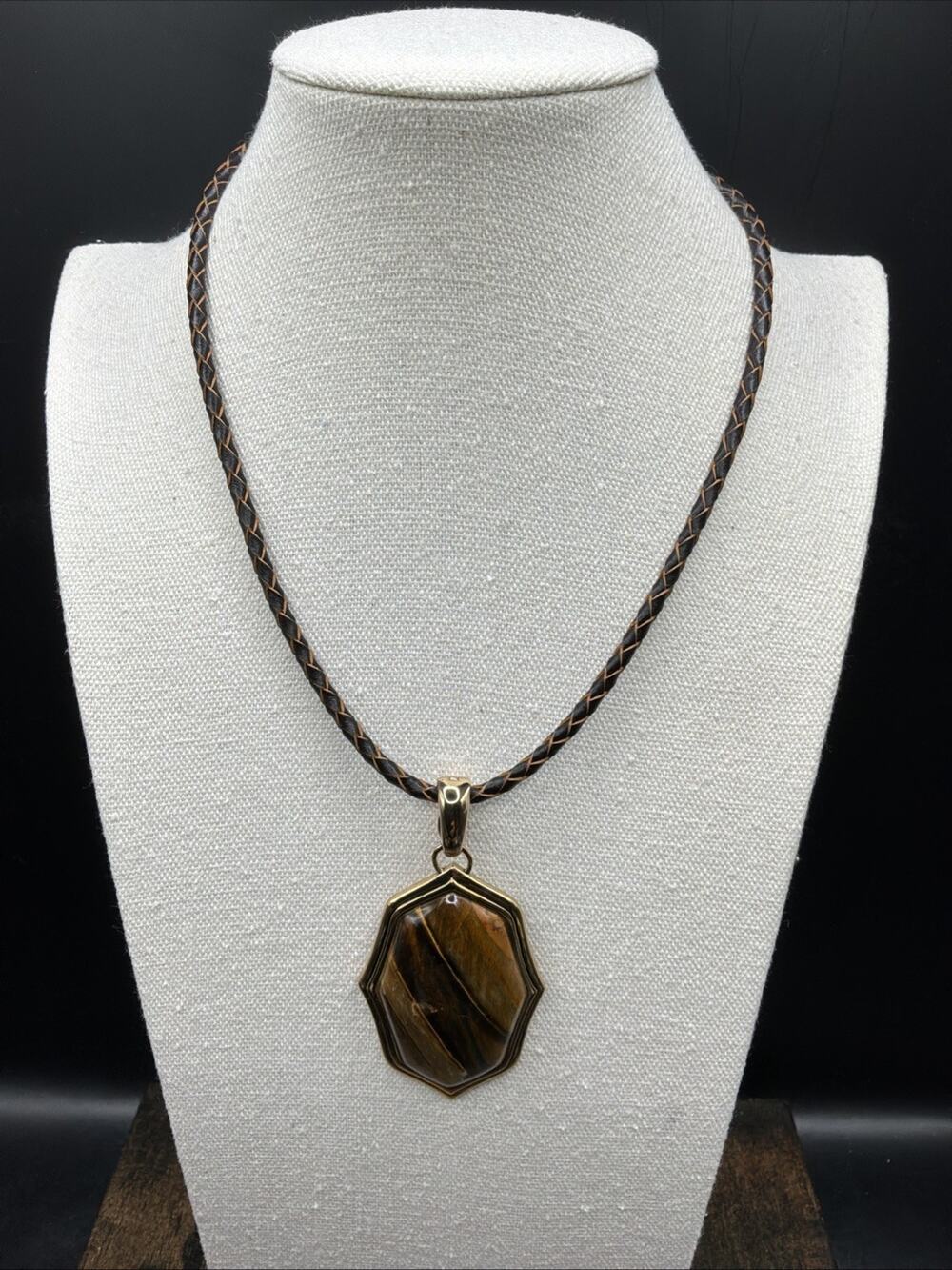 Barse Brocade Enhancer Necklace- Tigers Eye- Leather- Bronze- NWT